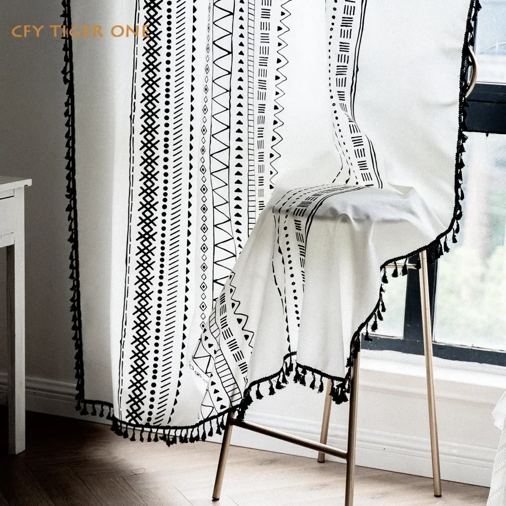 

Cotton Linen Boho Geometry Window Curtain with Tassels Blackout Valance for The Luxury Living Room Curtains for Living Room