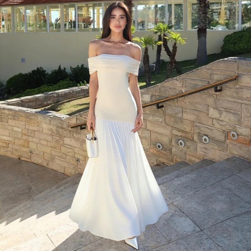 

Tsiisd Fashion Patchwork Off Shoulder Maxi Dress For Women Slim Elegant Sexy Party Evening Dress Female Bodycon Dress New 2026
