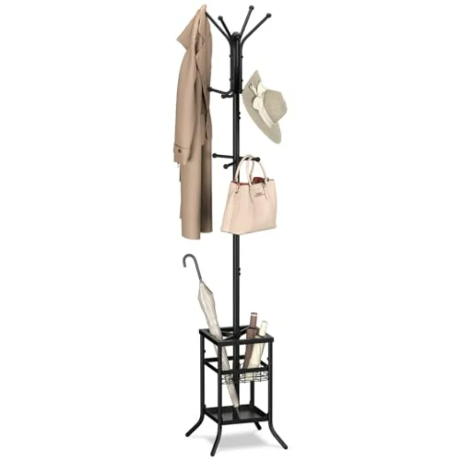 

Coat Rack Freestanding - Coat Tree with Umbrella Holder, Metal Coat Rack Stand with 12 Hooks, Modern Coat Hanger Stand for Entr