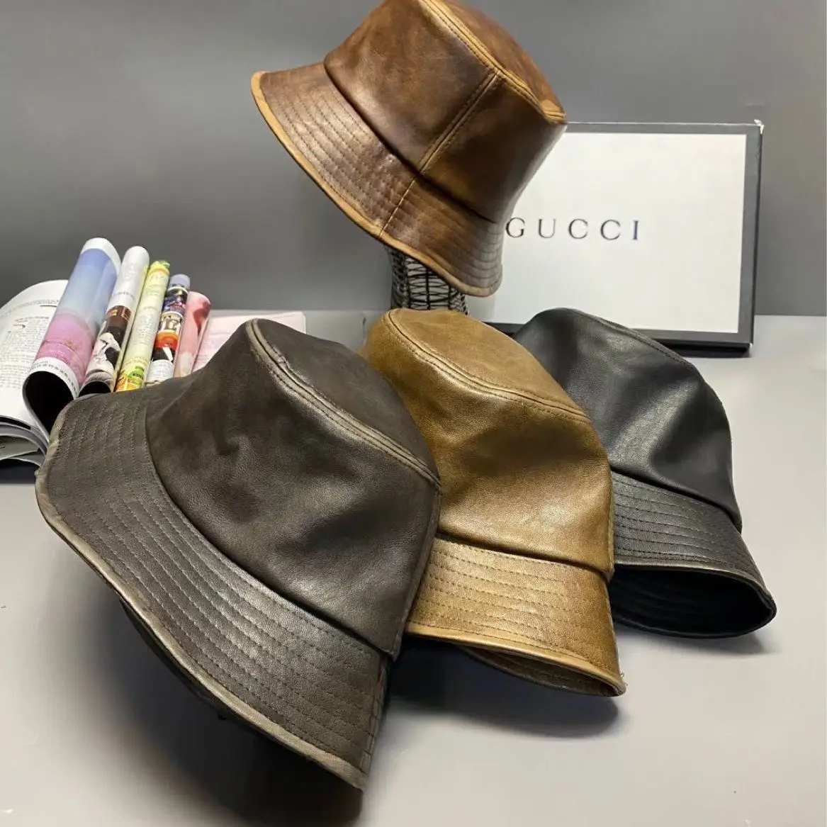 الرجعية الموضة الحديثة الخريف جديد غسلها بولي Leather الجلود صياد قبعة قبعة الشمس حوض السفر قبعة فاتحة 4m802 #1