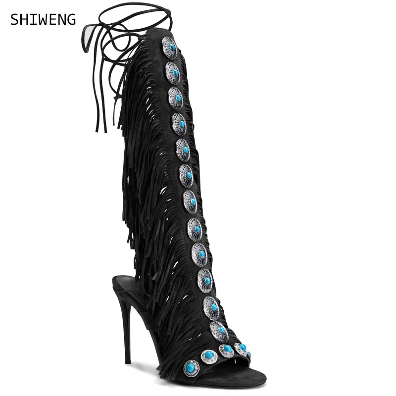 Designer Fringe Thih High Heel Sandals Woman High Heels Open Toe Party Prom Shoes 2024 Sexy Zipper Female Tassel Pumps 44