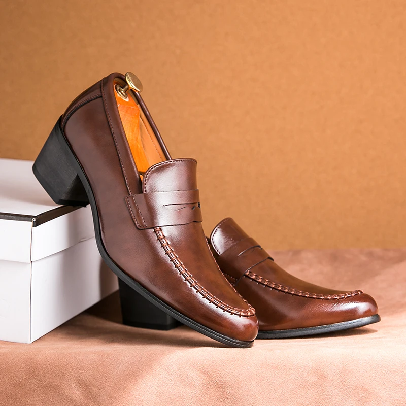 Brand Designer Men's British Patent Leather Height Increasing Shoes Penny Loafter Formal Wedding Prom Catwalk Homecoming Oxfords