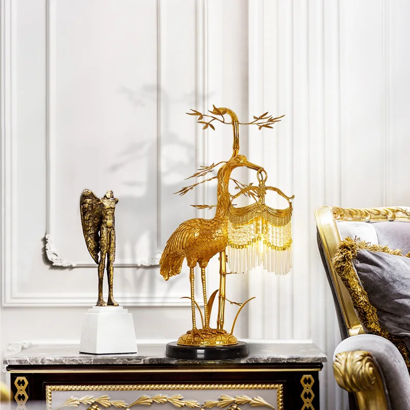 European Dewaxed Copper Red-Crowned Crane Table Lamp French Classic Home Parlor Dining Room Bedroom Brass Crystal Desk Light