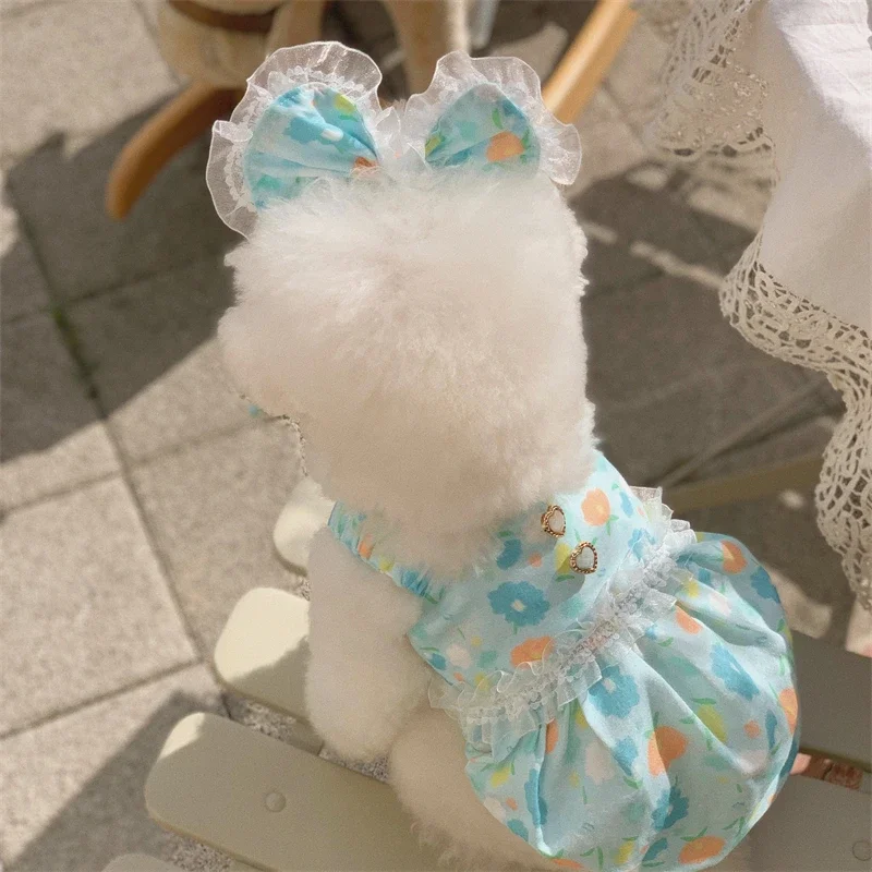 

Dog Clothes Sweet Floral Printed Blue Lace Dress Pearl Button Luxury Dog Dress with Headwear for Small Dog Cute Puppy Clothes