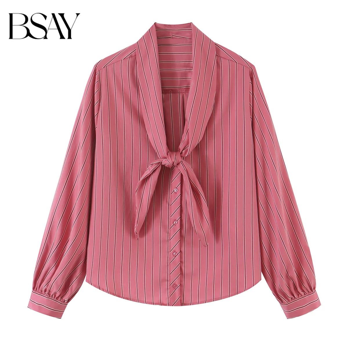 BSAY 2026 Damenbluse im französischen Stil, gestreift, eleganter Schal zum Binden am Hals, lange Laternenärmel, Knopfleiste vorne, lockeres Büro-Arbeitsshirt, Oberteil