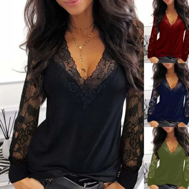 Stunning Lace Stitching V-Neck Tee with See-Through Long Sleeves for Women Y2k Clothes Thirt Shirt Femme