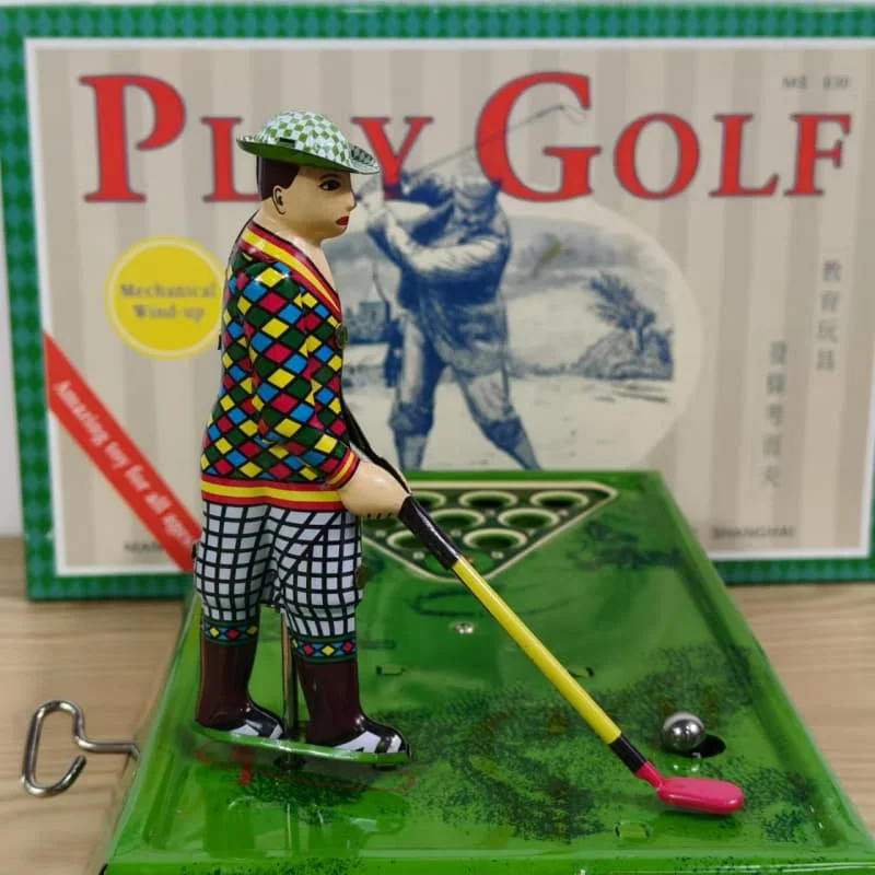 Giocare a pallina da golf Collezione di giocattoli a carica divertente Giocattolo meccanico in metallo retrò con figure a orologeria sportiva Modello regalo per bambini
