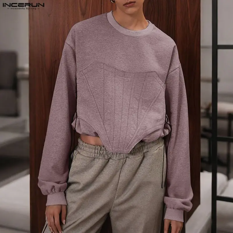 

Мужские худи INCERUN: модные укороченные свитшоты с круглым вырезом, длинным рукавом, в стиле пэчворк, повседневные, нестандартного кроя, уличная мода 2026