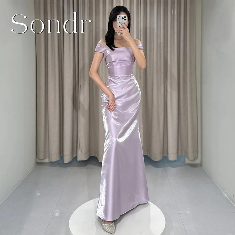 

Sondr Customized Purple Evening Dresses Off the Shoulder Floor-Length Water Satin Formal Party Gown Bridal Wedding Party Dresses