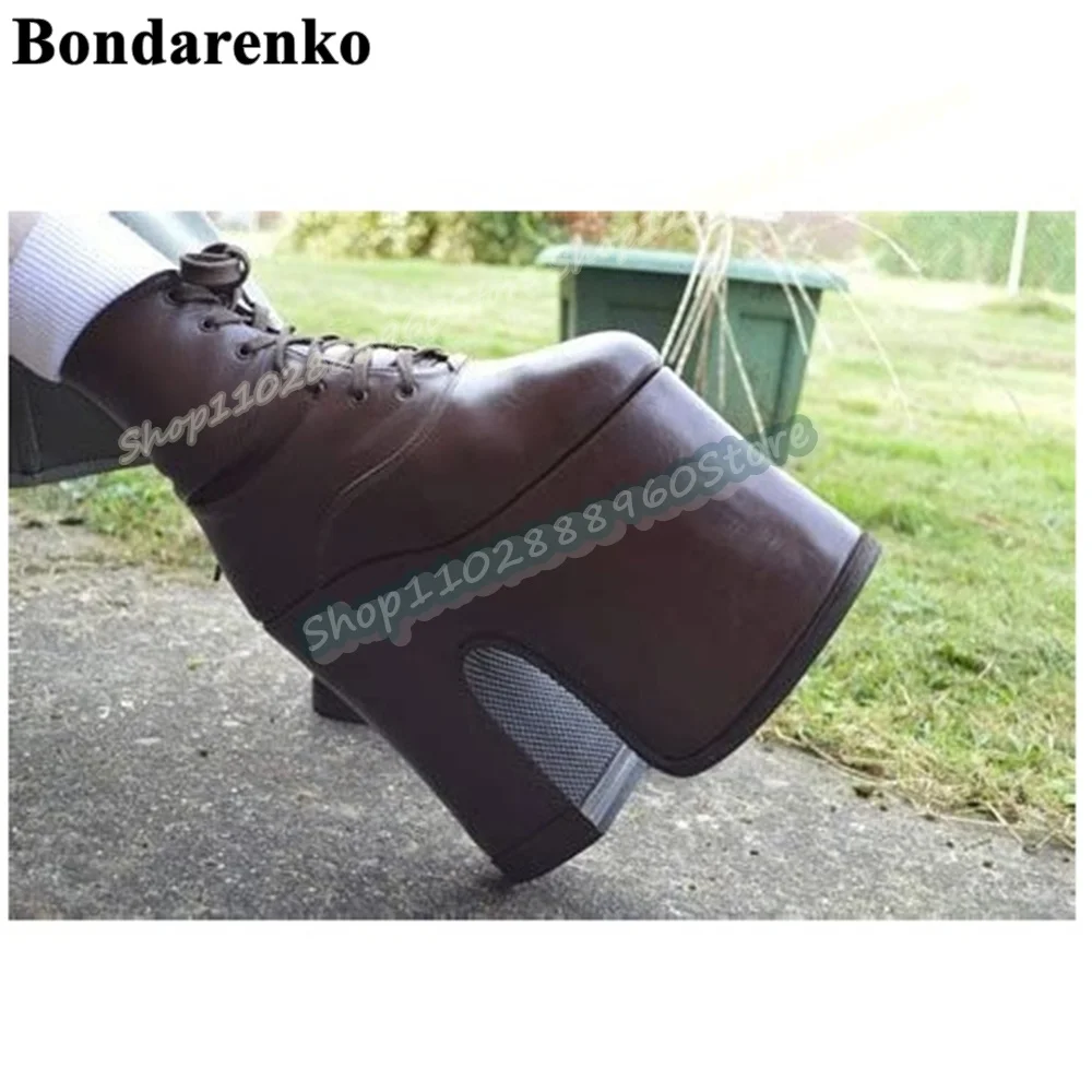

Cross Tied Chocolate Color Platform Ankle Boots Chunky High Heel Shoes For Women Round Toe 2026 Fashionable Zapatos Para Mujer