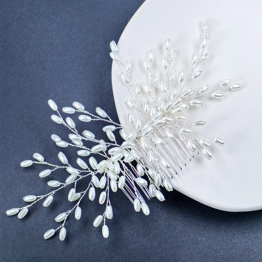 Handmade Silver Bridal Hair Comb Clip for Bride's Wedding Pearl Hair Ornament for Ladies and Girls