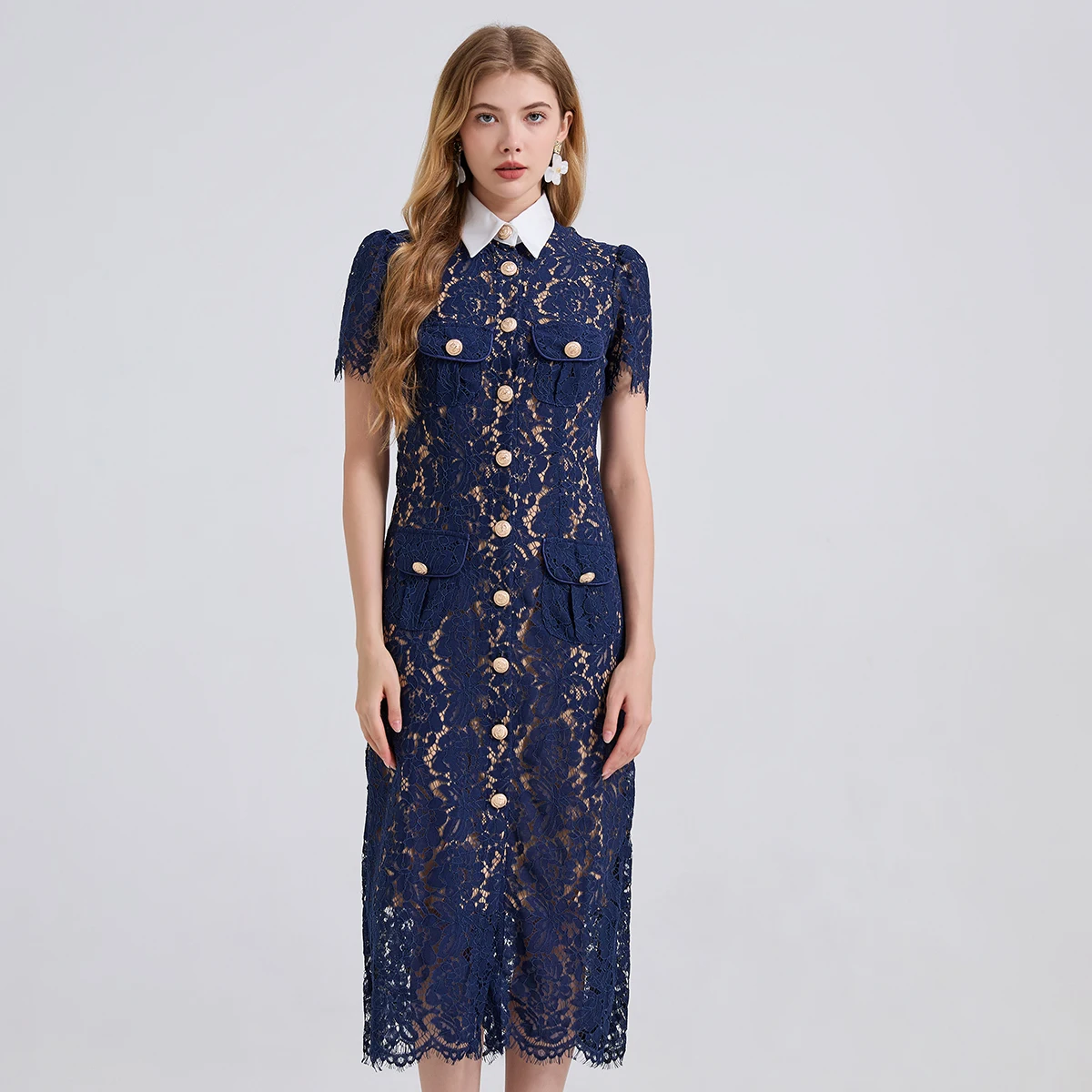 Formal Luxury Evening Long Dresses Women Summer Autumn White Peter Pan Collar Hollow Out Blue Pencil Embroidery Lace Dress Party