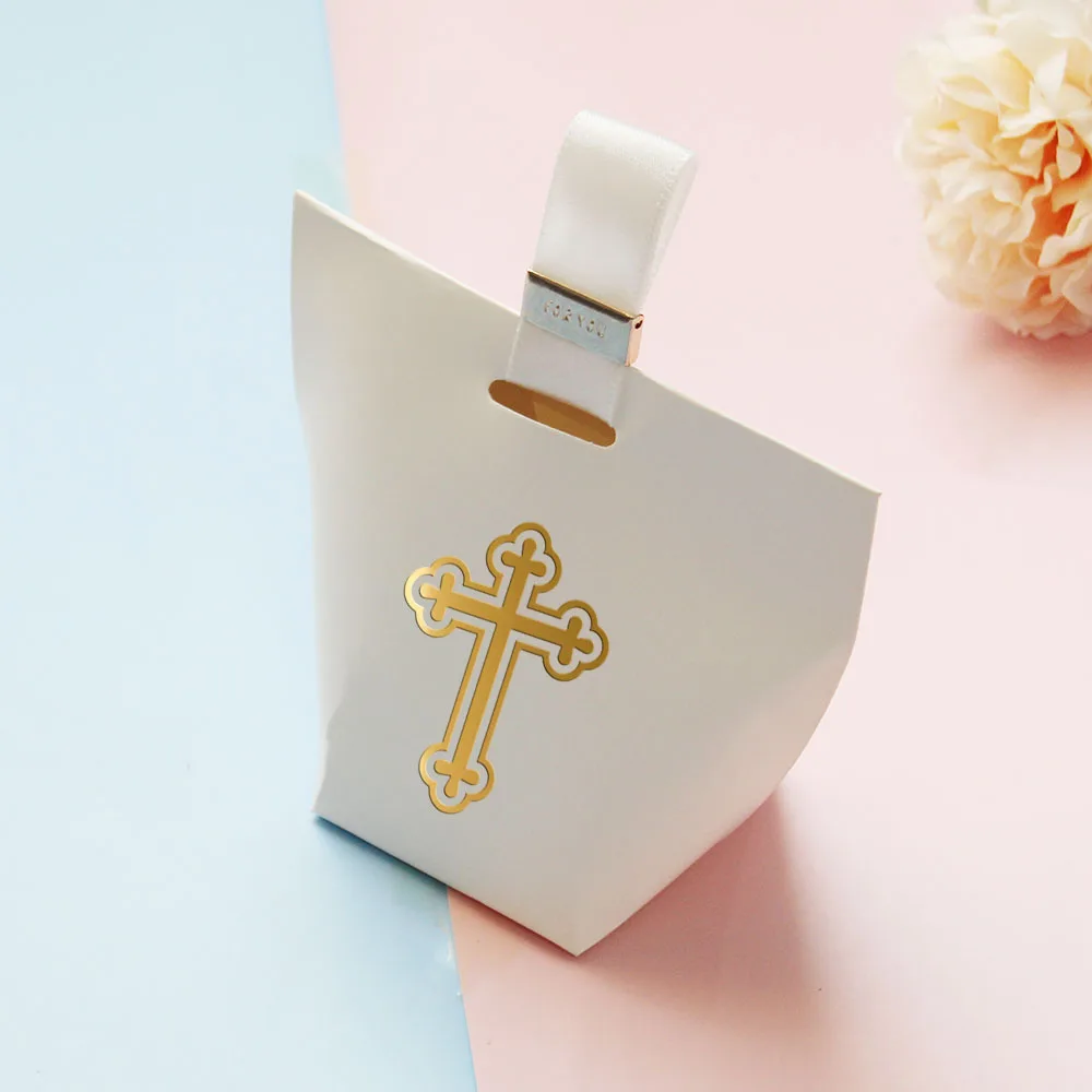 Elegant White Candy Boxes with Gold Foil Cross | Pack of 10 | Perfect for Celebratory Events: Weddings, Baby Showers, and More!