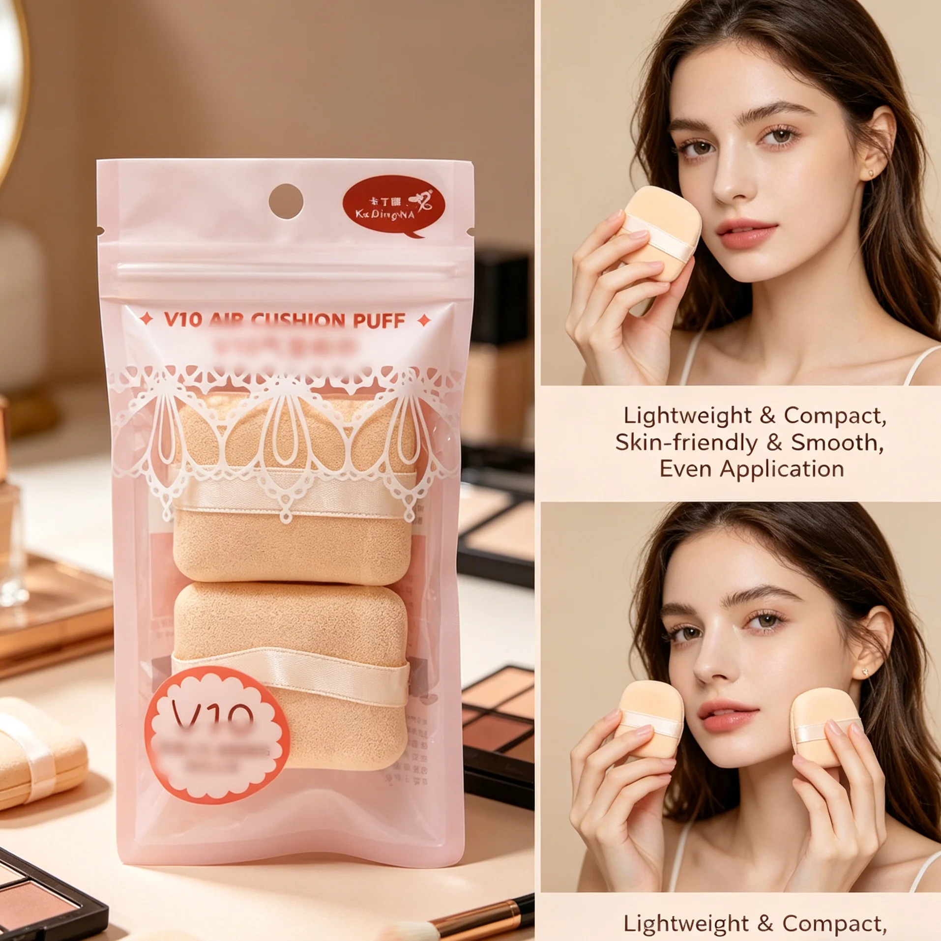 2 pieces of ribbon-shaped powder puff, suitable for both dry and wet use, compatible with various types of foundation.