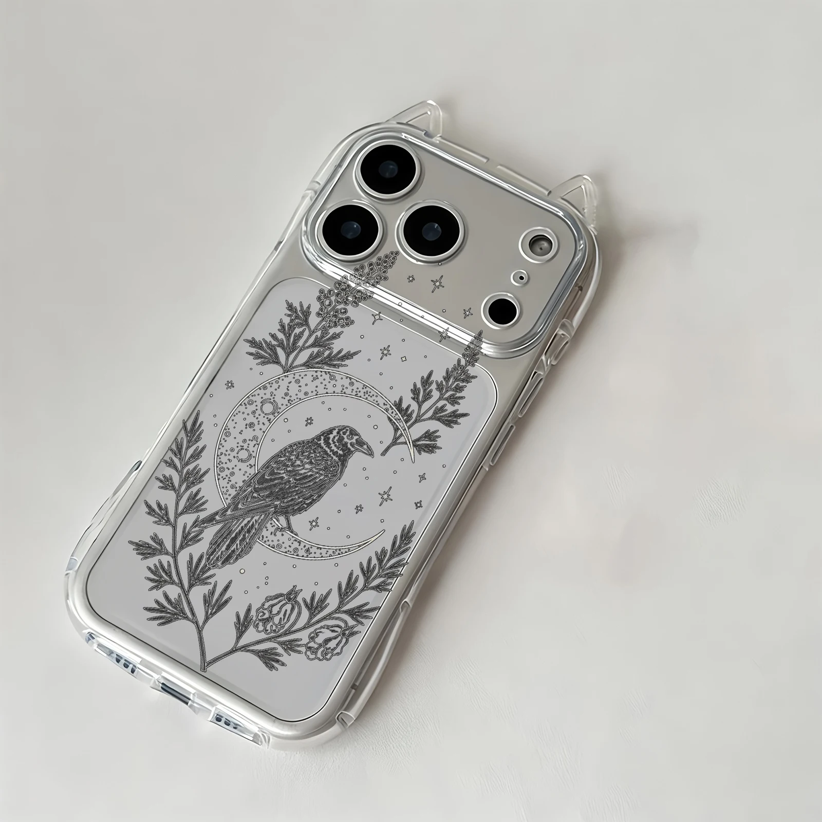 Coque de téléphone style mystérieux et sombre avec motif Lune et Corbeau pour iPhone Air 17 Pro Max 16 Plus 15 14 13 12 11 Pro Max, avec oreilles de chat, coque arrière souple