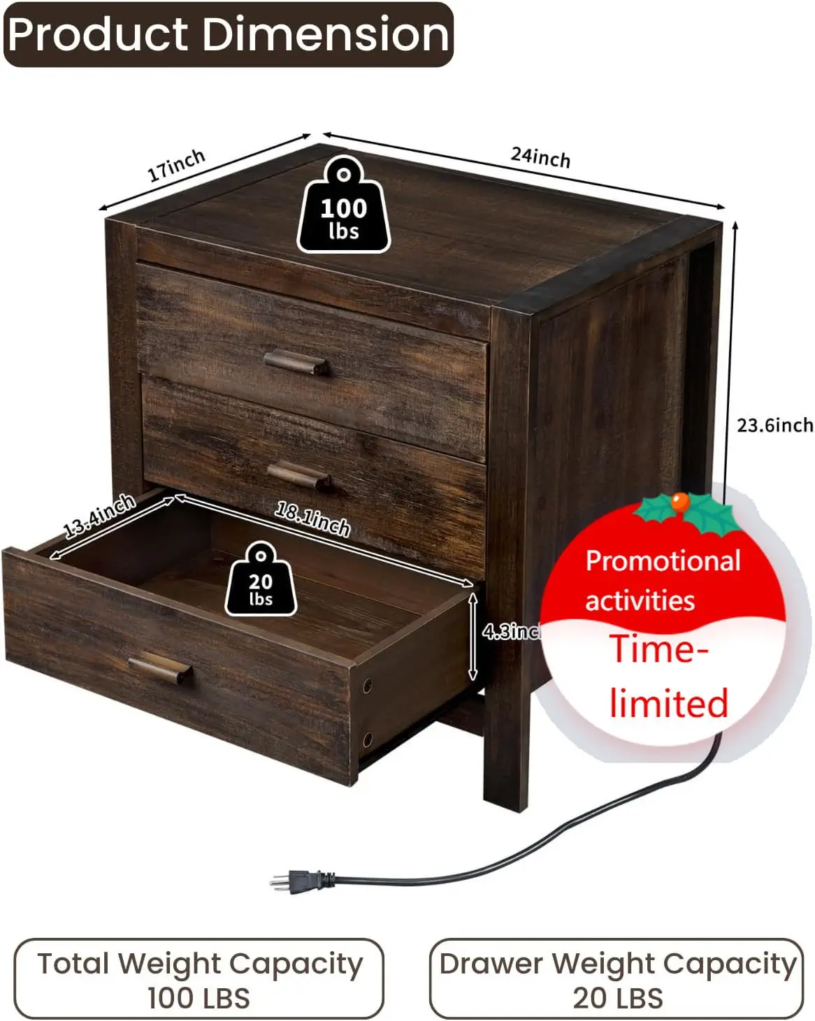 

Farmhouse Nightstand with Charging Station, Solid Pine Wood 3 Drawer Night Stands for Bedroom, Bedside Table with 2 USB Ports &