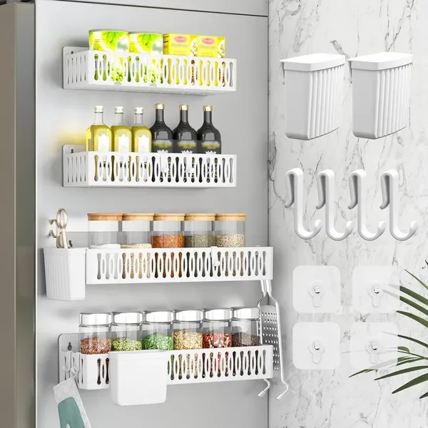 

4 Pack Large Magnetic Spice Rack for Refrigerator, Spice Rack Organizer, Moveable Magnetic Shelf