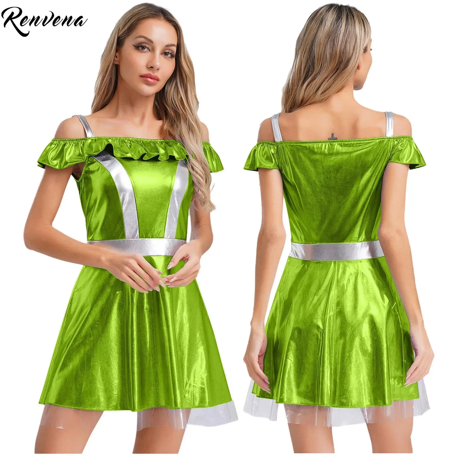 

Женский костюм инопланетянина без рукавов, космическое платье на Хэллоуин, платье для косплея, металлическое блестящее контрастное платье, карнавальное вечернее платье