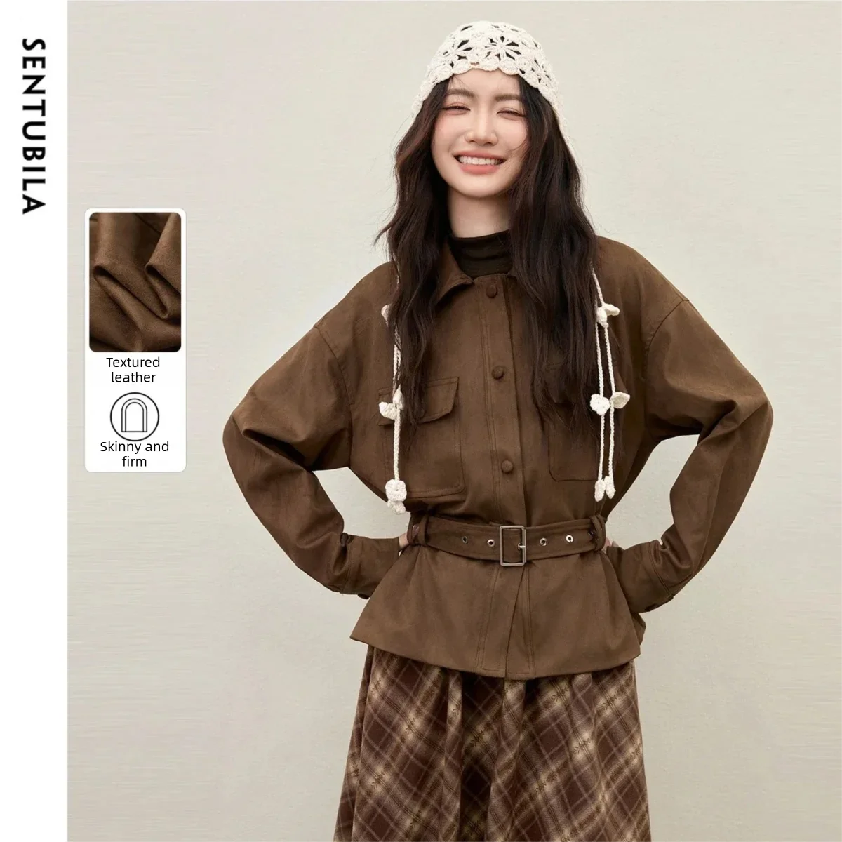 

SENTUBILA Vintage Women's Winter Coat 2025 Detachable Waist Belt Faux Leather Jackets Lapel Collar Women Outerwears 154WB4865