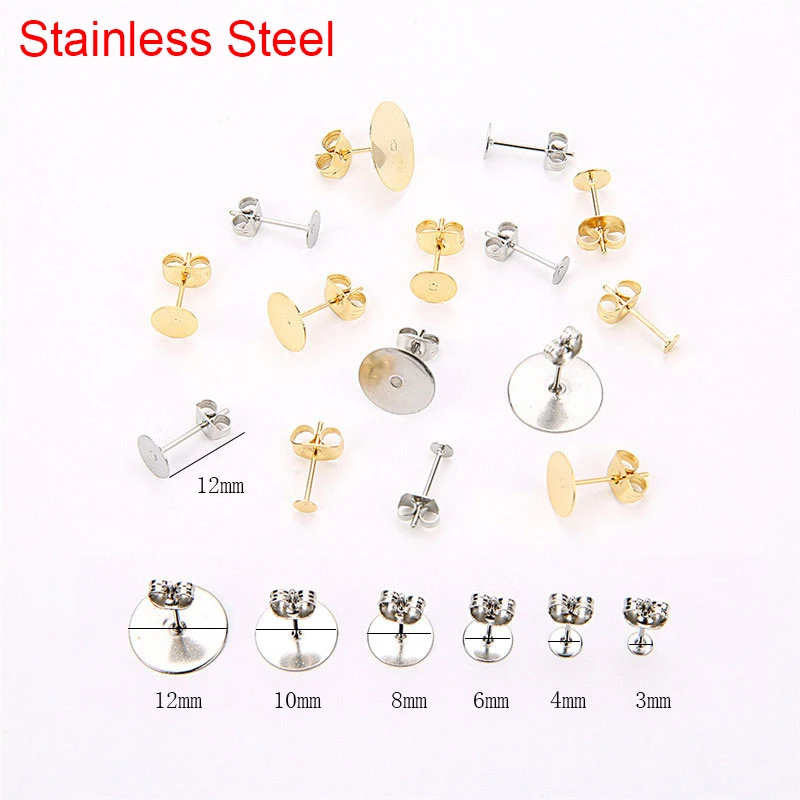 20/50pcs Stainless Steel Stud Earring Post Base Hypoallergenic 6 8 10 12 mm Cabochon Tray Settings For Jewelry Making Finding