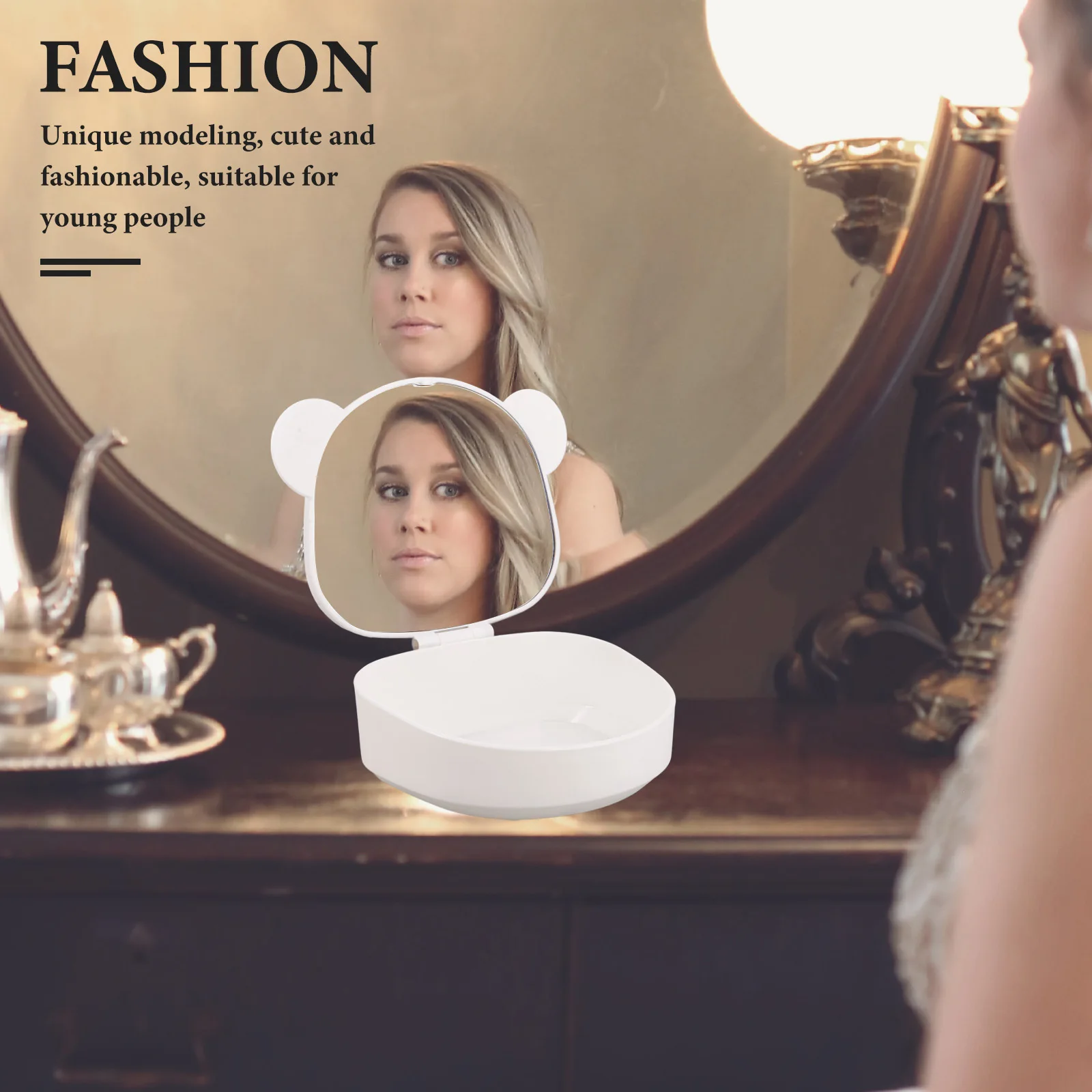 Simpatico specchio per trucco per orecchie da orso, design compatto, custodia per trucco da viaggio con riflessione ad alta definizione per fermagli per capelli per ragazze