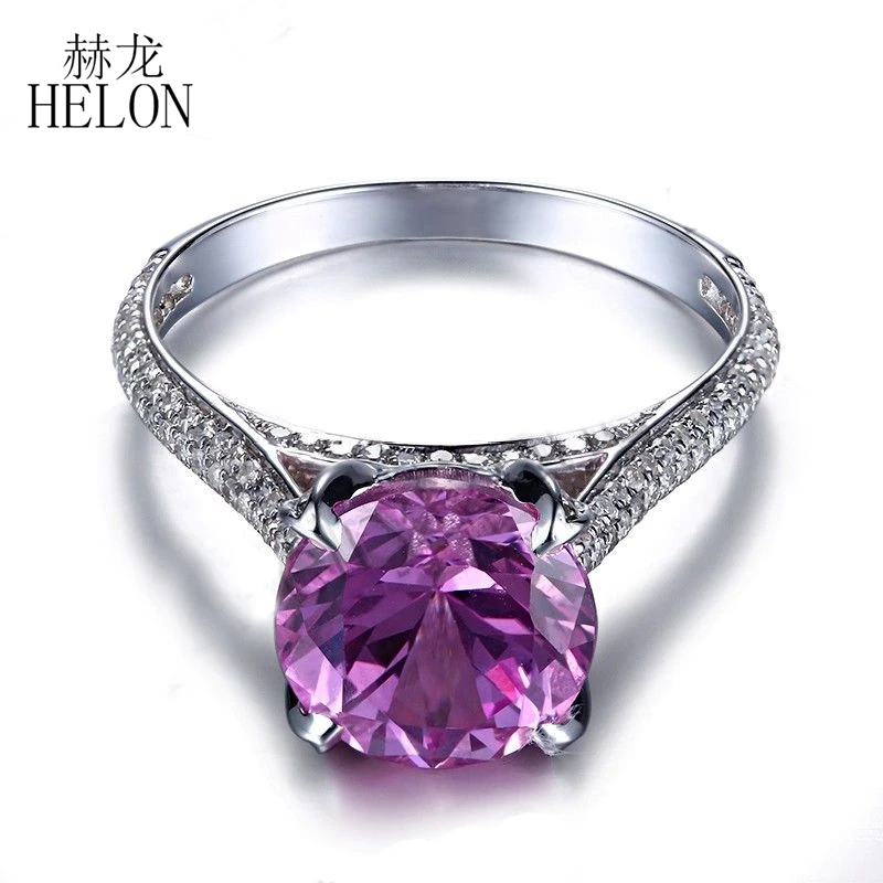 HELON Flawless Round 9mm Pink Topaz Solid 14k White Gold Ring Real Diamonds Engagement Ring For Women Gemstone Jewelry Gift