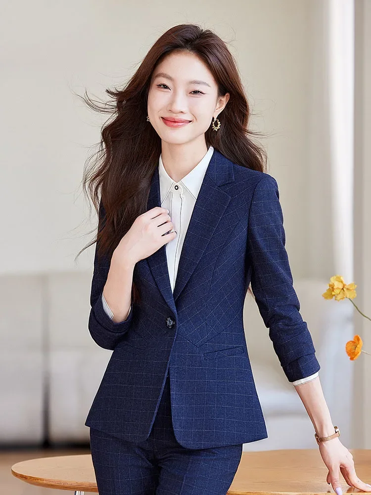 

Pop 2024 Spring Autumn New Retro Plaid Elegant Blazer Coat And High Waist Pencil Pant Two Piece Set Women's Suit Business Clothi
