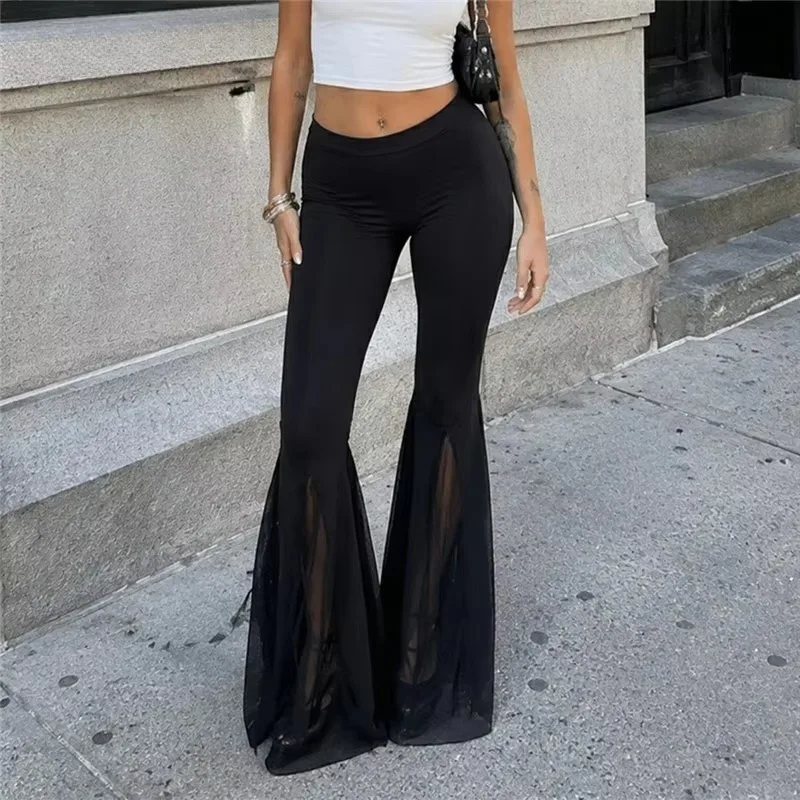 2026 Womens Gothic Mesh Patchwork Sheer Casual Pants Y2K Sexy Slim Fit Flared Trousers Simple Fashion Versatile Streetwear
