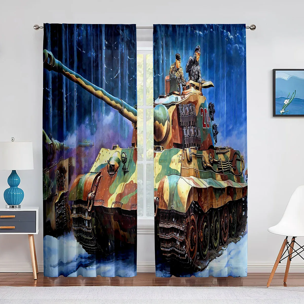 Green Tank Cannon Army Car Tulle Curtains for Living Room Boys Bedroom Decor Chiffon Sheer Voile Kitchen Window Curtain Drapes