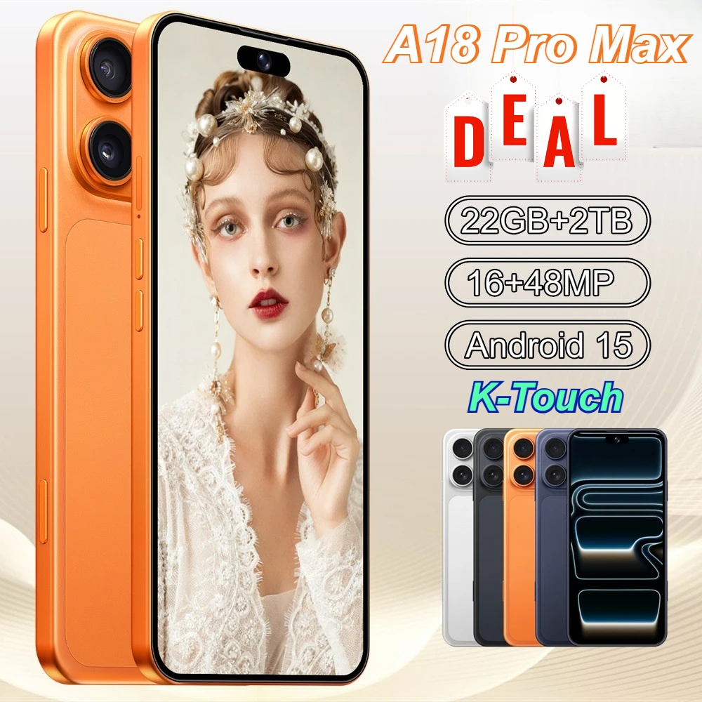 Smartphone Android 5G K-Touch pour A18 Pro Max, téléphones mobiles intelligents, double SIM, 22G+2TB, écran 7.3HD, téléphone portable 16+48MP, déverrouillage facial, 4G 5G double SIM, batterie 7800mAh, reconditionné