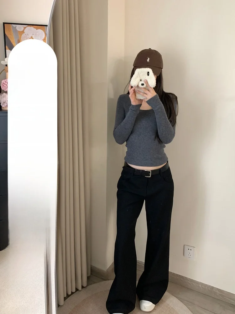 

Blue Casual Wide Leg Pants Low Waist Zipper Fly Suit Fabric Women's Premium Faion Trousers for Autumn Season