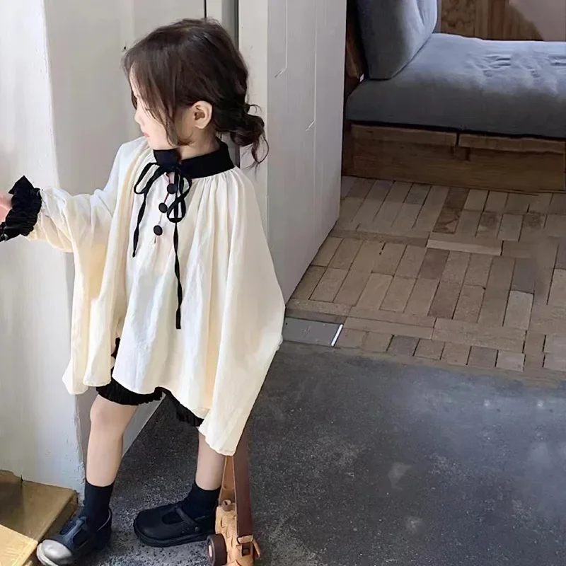 Children Clothing 2025 New Fashionable Spring and Autumn Korean Style Shirt Girls Soft Simple Cotton Long Sleeved Casual Top