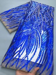 Blue African Sequins Lace Fabric High Quality 5 Yards Embroidered Tulle French Nigerian Mesh Lace Fabric Wedding Dress TY4340