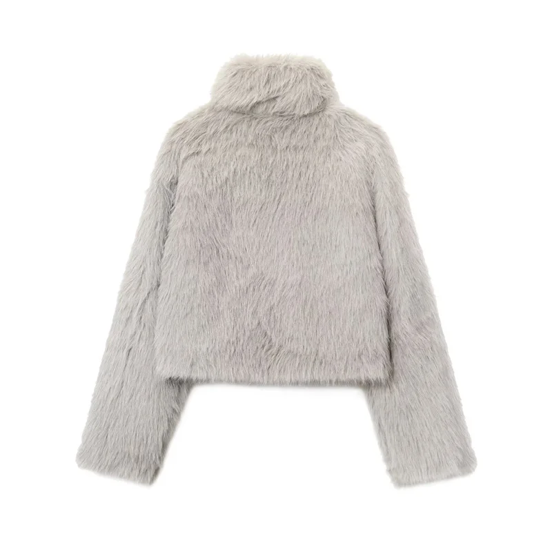 herfst en winter nieuwe dames elegante kunstbont effect lange mouwen opstaande kraag korte bontjas