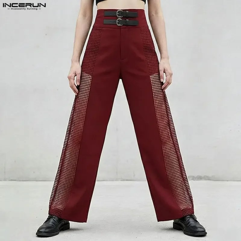 

INCERUN Men's Pants Mesh Patchwork Button Joggers Casual See Through Pants For Man Streetwear 2026 Fashion Straight Trousers Men