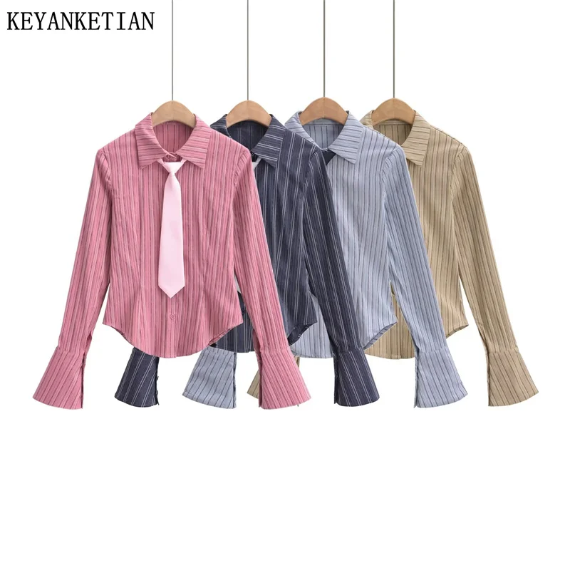 KEYANKETIAN New Launch Women's Necktie Decoration Striped Shirt Preppy Style Single Breasted Flare sleeve Slim Blouse Crop Top