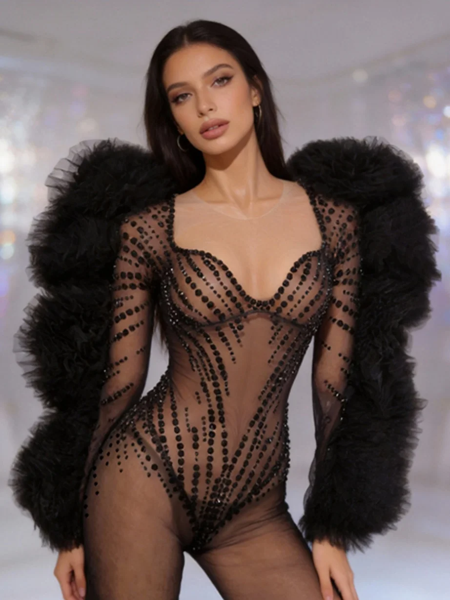

New Women Sexy Crystal Black Bodycon Jumpsuit Celebrity Designer Dancer Night Club Rompers