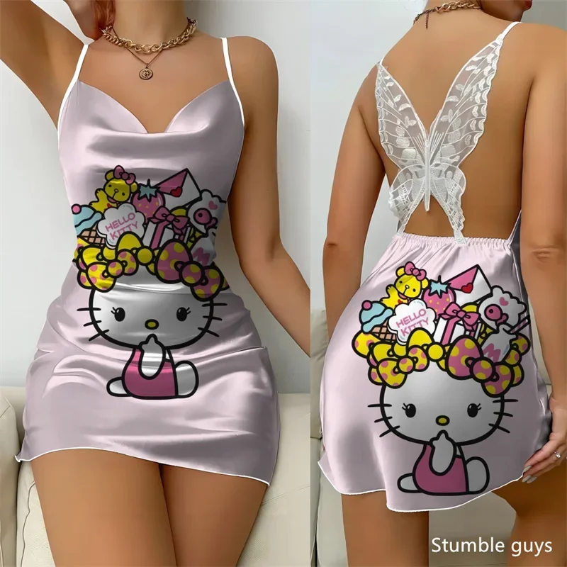 

Платья для девочек Kawaii Kuromi Hello Kitty, пижамные юбки, платья с мультяшным принтом, милые повседневные платья, юбки-пижамы для ежедневной носки