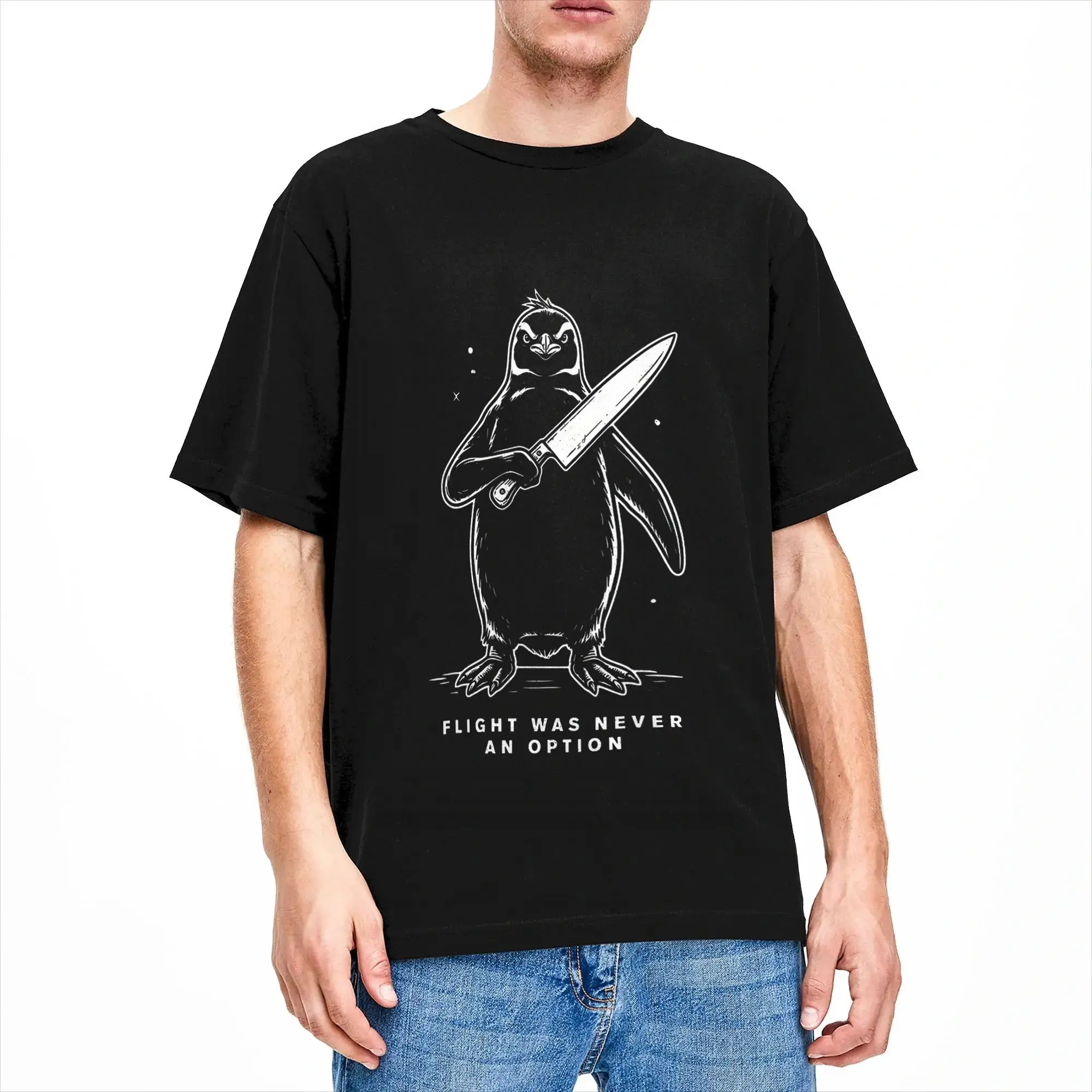 Man T-Shirt Flight was Never an Option Funny Penguin Meme Graphic T Shirts Hippie  Summer Tees Vintage Cotton Tops Gift