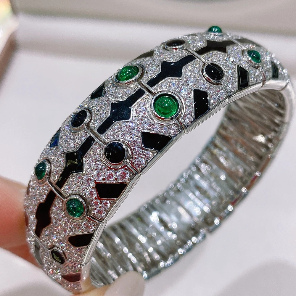 

ARIGAYA Luxury New Solid 925 Sterling Silver Bracelet With Black Enamel And Green Turquoise Women's Bangle