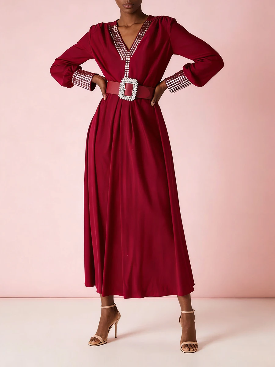 VGH Slimming Spliced Belt Casual Dresses For Women V Neck Long Sleeve High Waist Autumn Elegant Draped Dress Female Fashion New