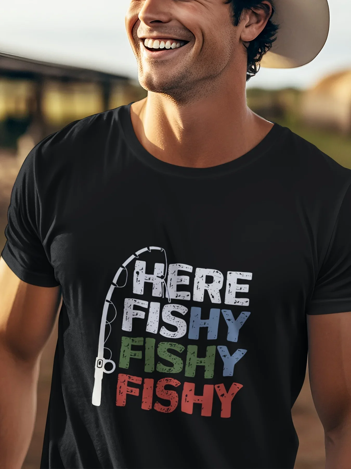 

Men's summer 100% cotton fashionable casual sports loose large color fishing rod letter printed round neck short sleeved T-shirt