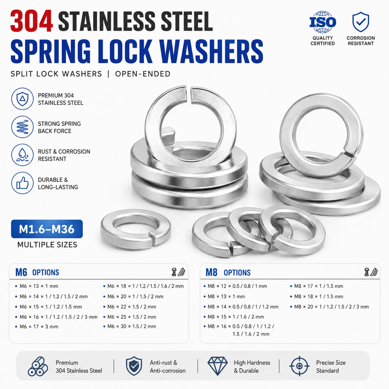304 Stainless Steel M6 M8 Metric Flat and Spring Washer Set Multiple Sizes for Mechanical Assembly and Repair