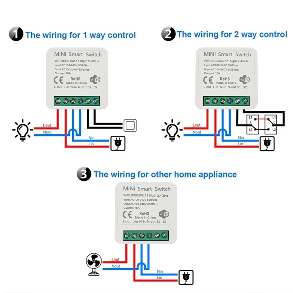 Tuya Mini 16A WiFi Switch Smart Life App 2 Way Control Smart Home Automation Module Interruptor Work for Alexa Google Home
