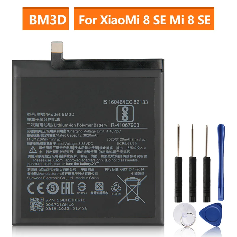 

Replacement Battery For Xiaomi 8 SE MI8 SE M8 SE BM3D Rechargeable Phone Battery 3120mAh