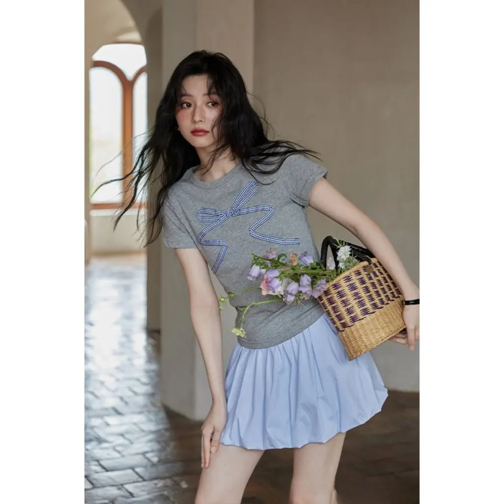 

Ximeng Women's Short Sleeve T-Shirt Grey Shoulder Design Summer Fashionable Casual Top for Ladies