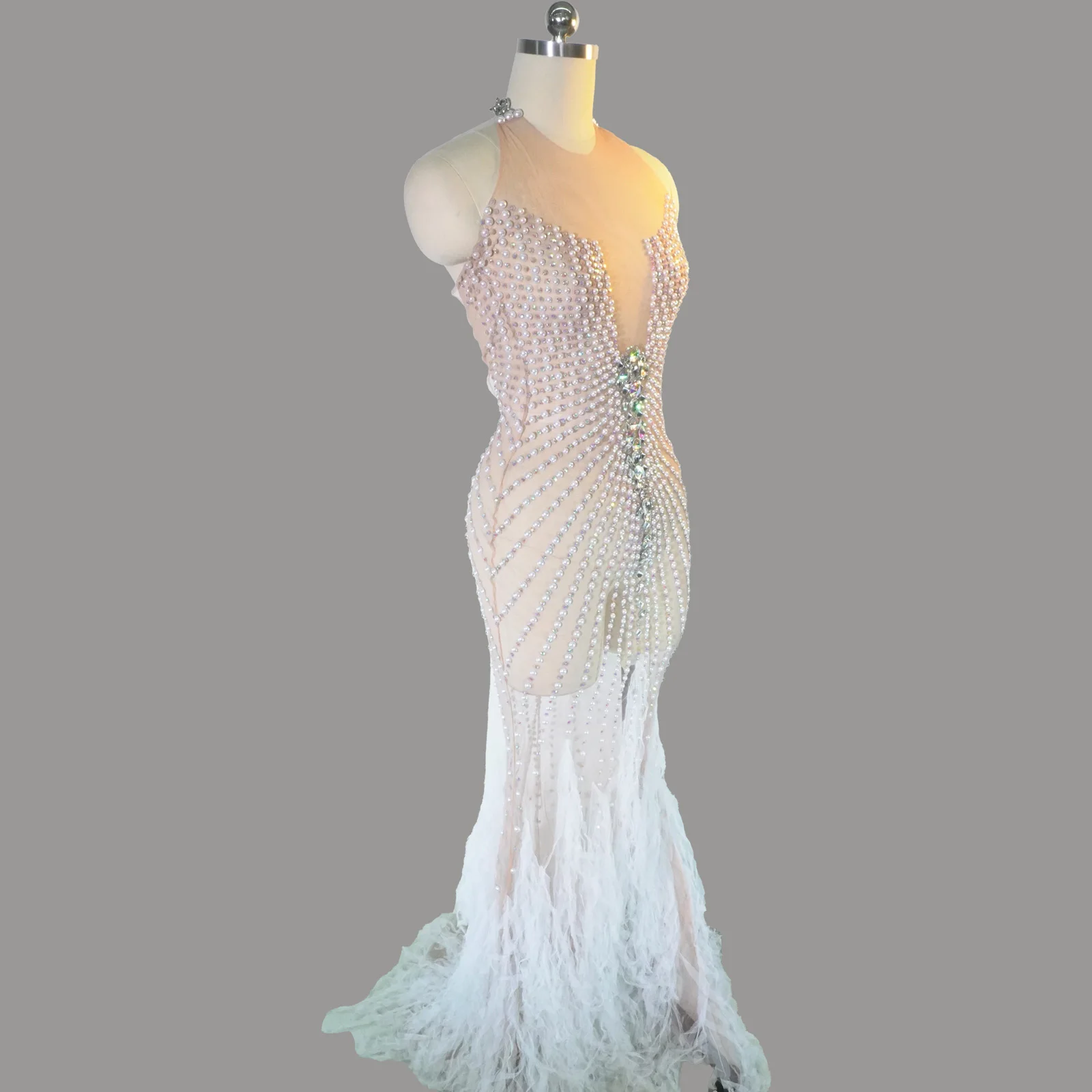 Sexy Sheer Pearl Sequins Crystal Evening Gown Women Sleeveless Mesh Bodycon Gala Party Dress Reception Formal Night Out