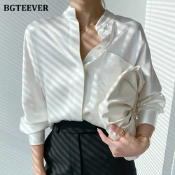 BGTEEVER Elegant Stand Collar Loose Female Shirts Office Wear Long Sleeve Pocket Women Blouses Tops