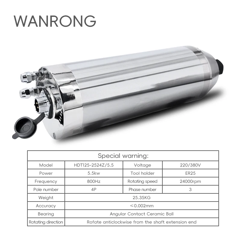 125mm Bullet Type Water Cooled Spindle Motor 5.5KW 24000rpm High Rigidity Stone  Router Granite Engraving Spindle