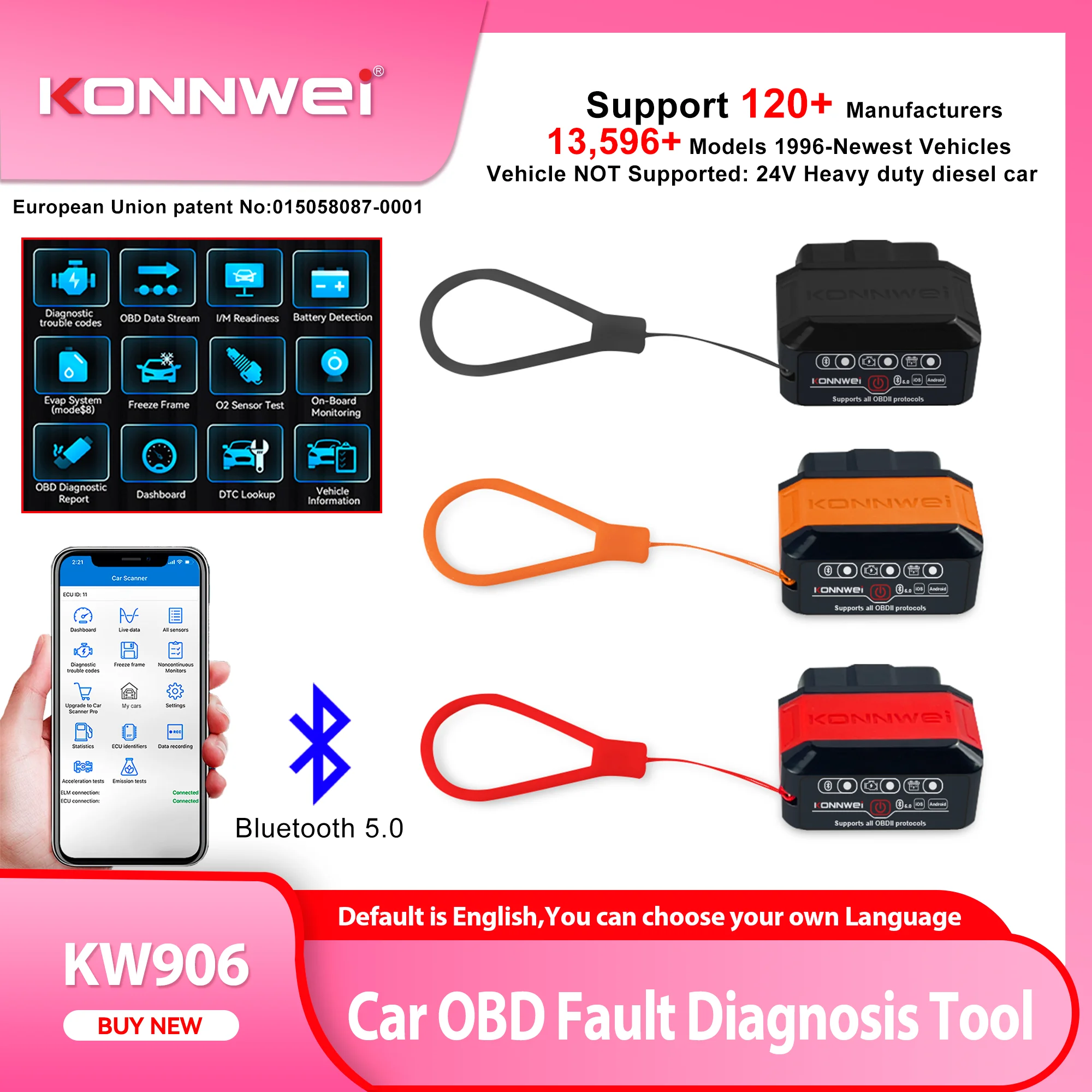 2026 KONNWEI KW906 OBD2 Car Engine System Diagnostic Tool Scanners Bluetooth5.0 for Android/IOS ELM 327 Code Reader Pic18F25K80